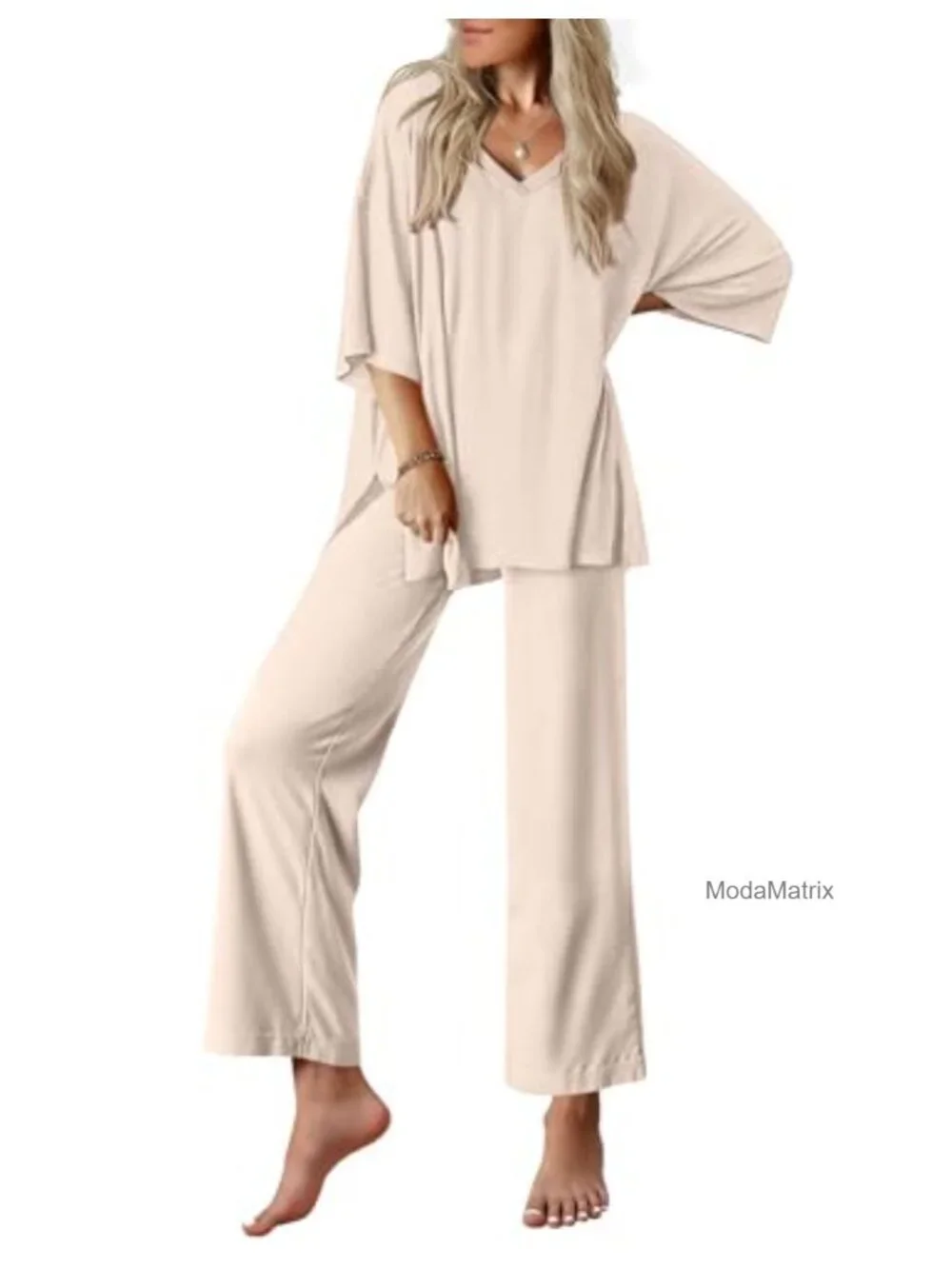 Comfy V-Neck Short Sleeve Lounge Set with Drawstring Pants for Women